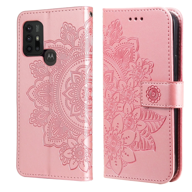 Light pink 7-petal flower embossed wallet phone case with card slots and magnetic strap