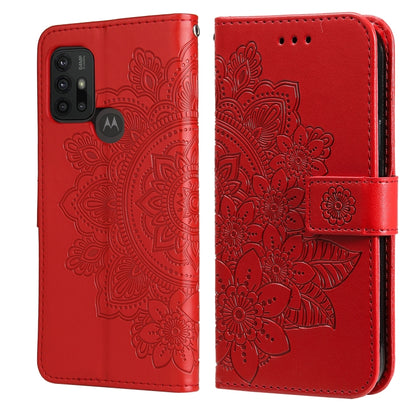 Crimson red 7-petal flower embossed wallet phone case with card slots and magnetic strap