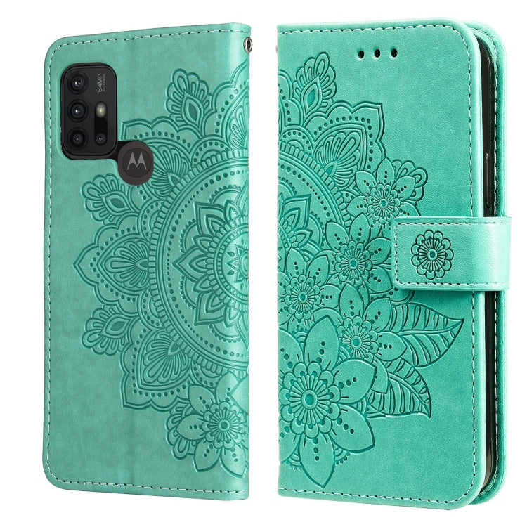 Teal green 7-petal flower embossed wallet phone case with card slots and magnetic strap