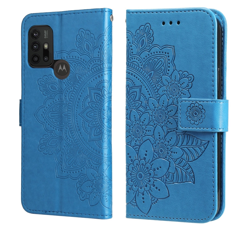 Sky blue 7-petal flower embossed wallet phone case with card slots and magnetic strap
