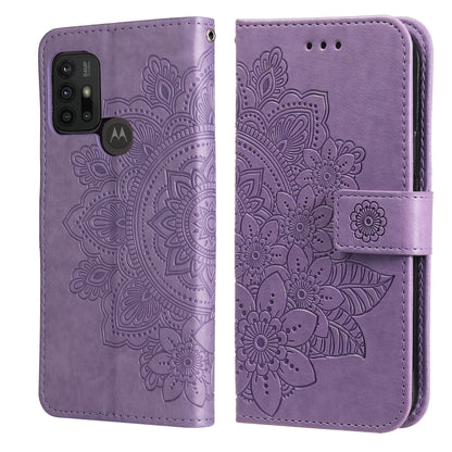 Purple PU leather flip wallet case with embossed 7-petal floral pattern and card slots