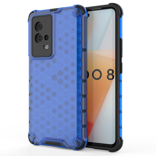 Blue shockproof phone case with honeycomb hex pattern, raised edges, camera cutouts