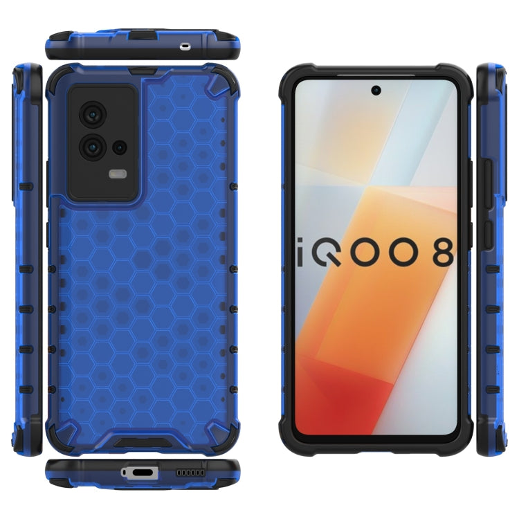Blue protective phone case showing front, back, and side buttons; honeycomb hex texture