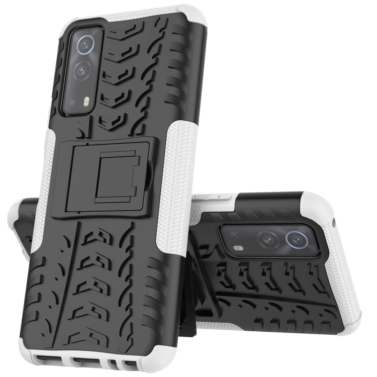 Rugged black phone case with white trim, textured grip, and holder panel
