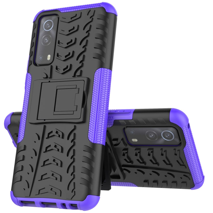 Shockproof textured phone case with kickstand, purple and black, for rear cameras