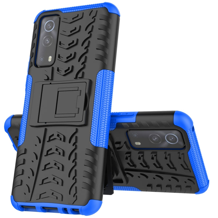 Shockproof textured phone case with kickstand, blue and black, for rear cameras
