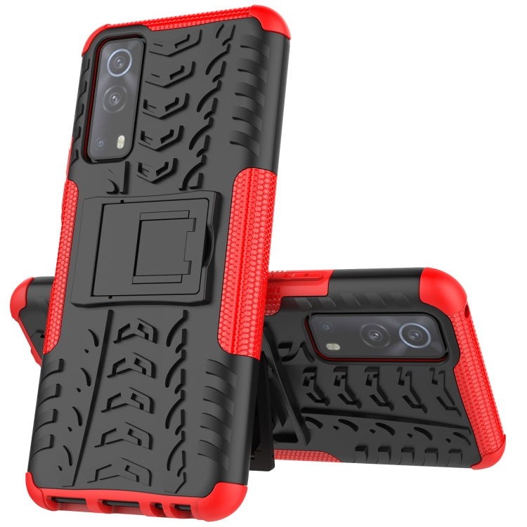 Shockproof textured phone case with kickstand, red and black, for rear cameras