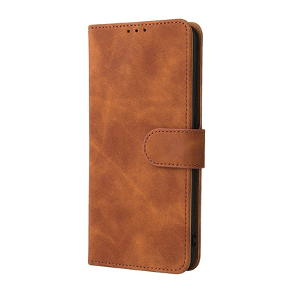 Brown PU leather flip phone case with magnetic strap and stitched textured front