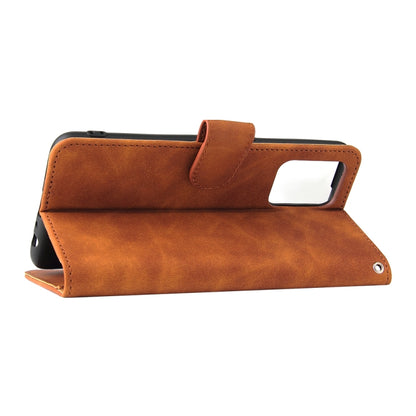 Brown PU leather wallet-style flip phone case with stand flap and card slot