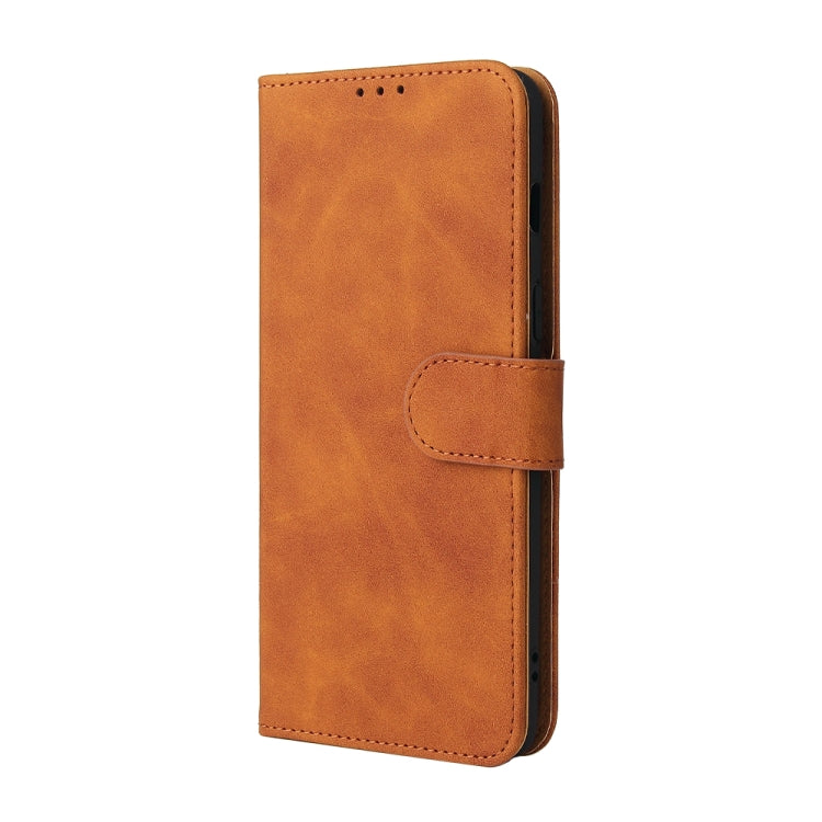 Brown PU leather flip phone wallet case with magnetic closure and stitched side strap.