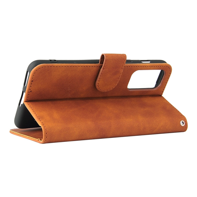 Brown PU leather flip wallet phone case with built-in stand and magnetic strap closure.