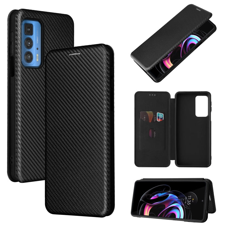 Black carbon-fiber textured magnetic flip phone case with card slot for Motorola Edge 20 Pro