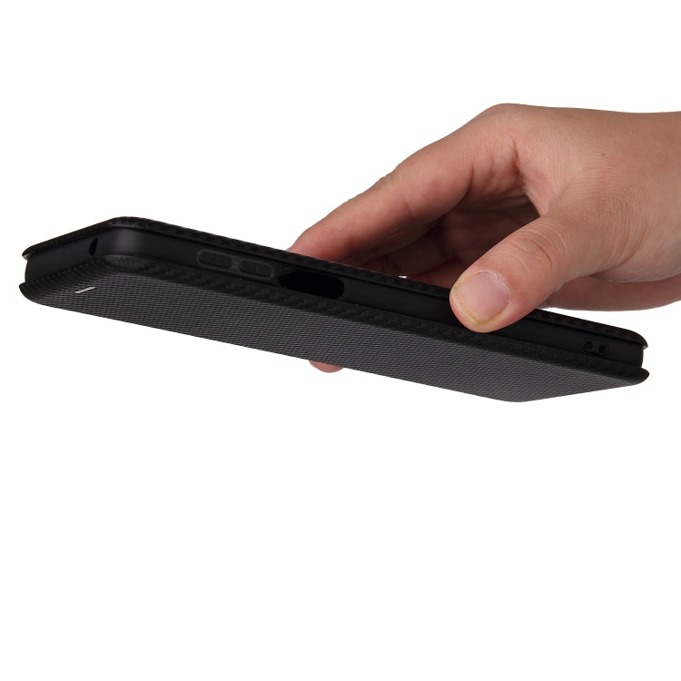 Black carbon-fiber flip phone case with magnetic closure and raised edges