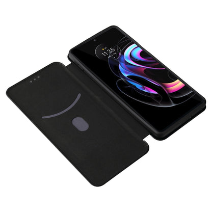 Black carbon-fiber textured flip phone case, front flap closed