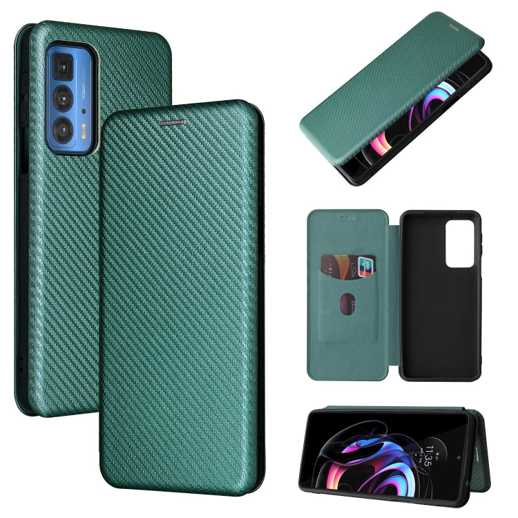 Green carbon-fiber textured magnetic flip phone case with card slot for Motorola Edge 20 Pro