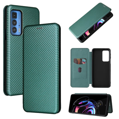 Green carbon-fiber textured magnetic flip phone case with card slot for Motorola Edge 20 Pro