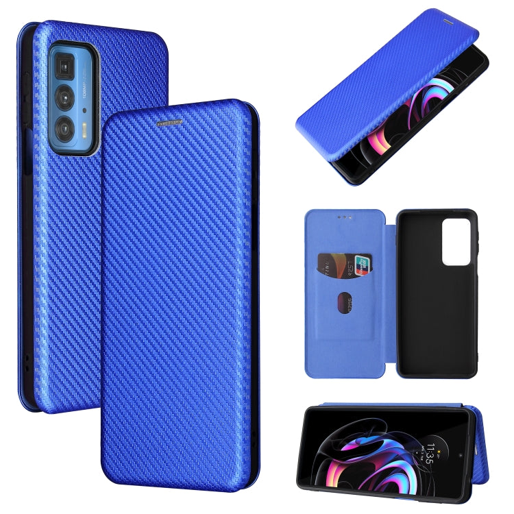 Blue carbon-fiber textured magnetic flip phone case with card slot for Motorola Edge 20 Pro