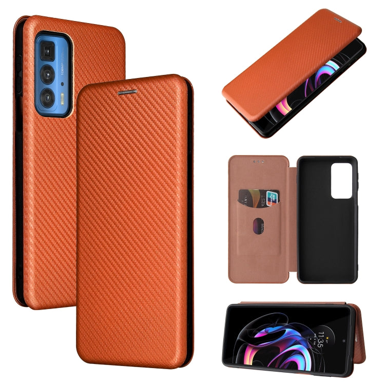 Brown carbon-fiber textured magnetic flip phone case with card slot for Motorola Edge 20 Pro