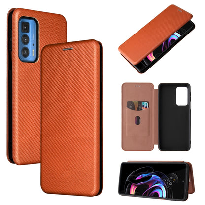 Brown carbon-fiber textured magnetic flip phone case with card slot for Motorola Edge 20 Pro