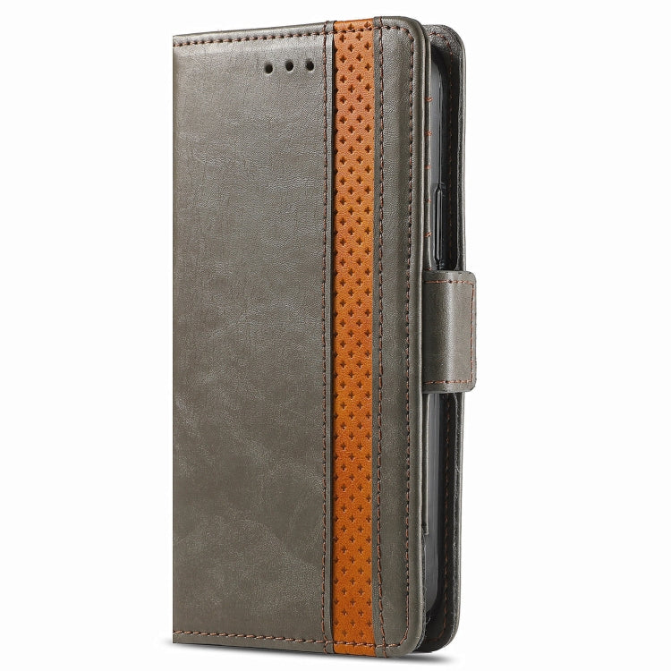 Grey PU leather flip phone case with side strap and orange textured spine for Google Pixel 5a