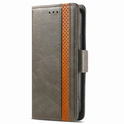 Grey PU leather flip phone case with side strap and orange textured spine for Google Pixel 5a