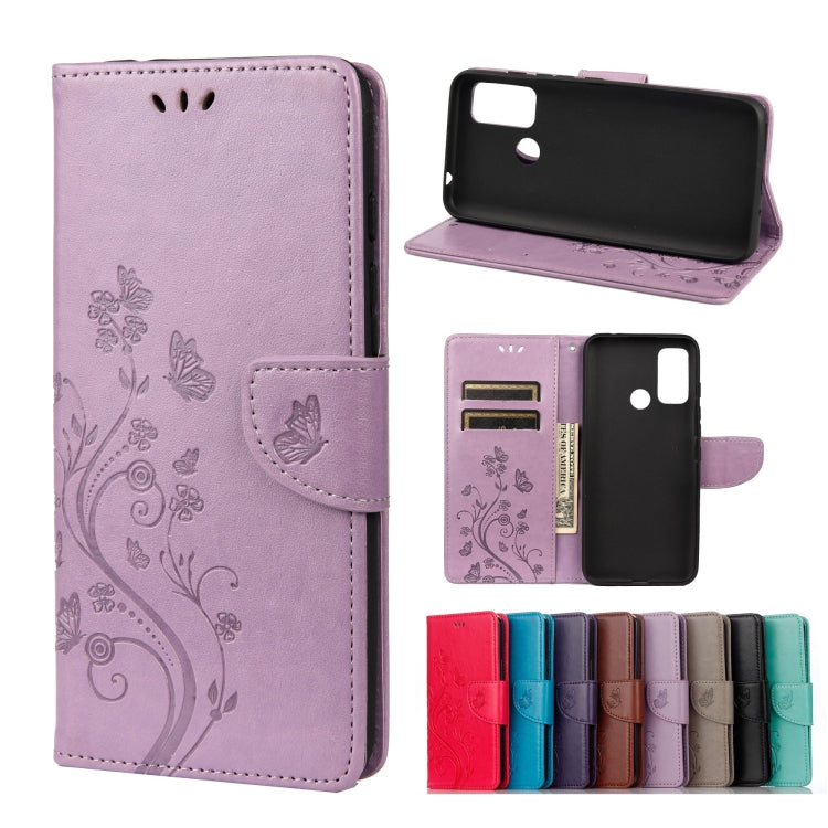 Light purple leather flip phone case with butterfly flower embossing, card slots, holder