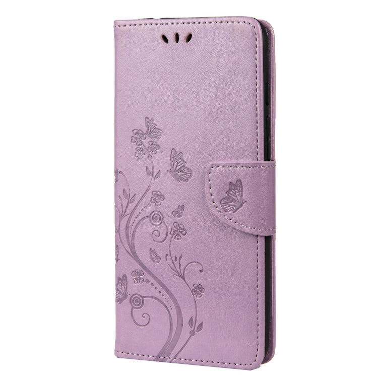 Light purple leather flip phone case with butterfly flower embossed design and side strap