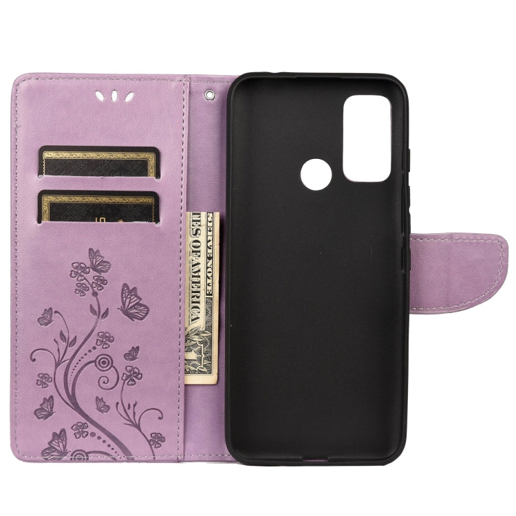Light purple leather wallet phone case, open view with card slots and butterfly flower embossing