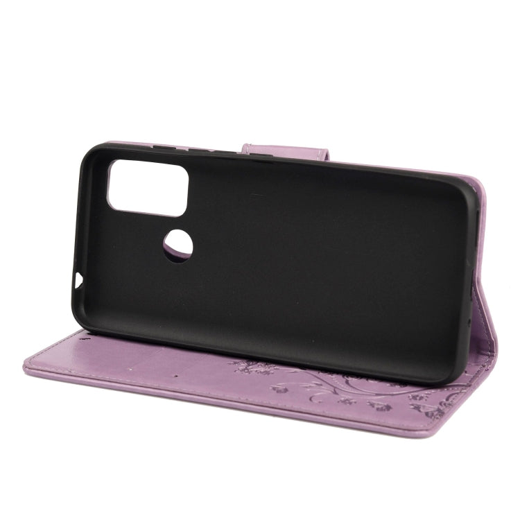 Light purple leather flip phone case with butterfly flower print, front cover open