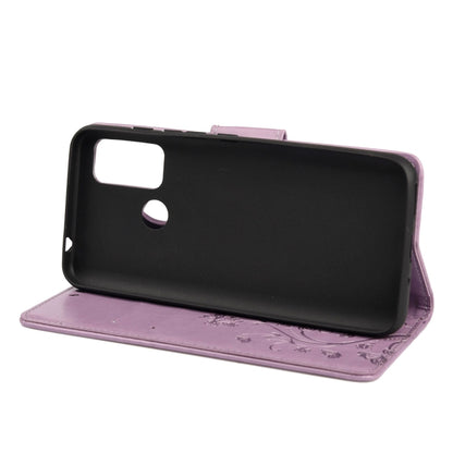 Light purple leather flip phone case with butterfly flower print, front cover open