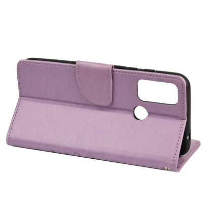Light purple leather folio phone case with front kickstand style cover and camera cutout