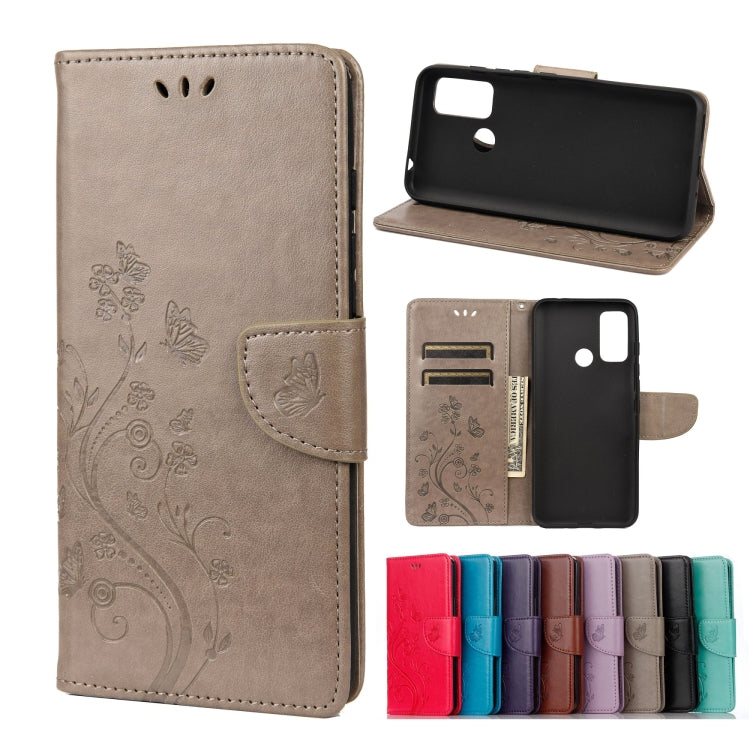 Beige leather flip phone case with butterfly flower embossing and card slots, holder