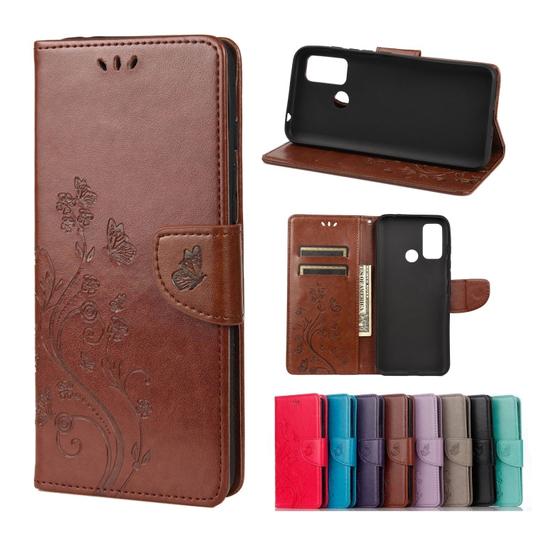 Brown leather flip phone case with butterfly flower embossed design and card slots