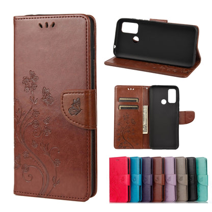 Brown leather flip phone case with butterfly flower embossed design and card slots