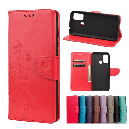 Red leather flip phone case with butterfly flower embossed design, card slots and holder