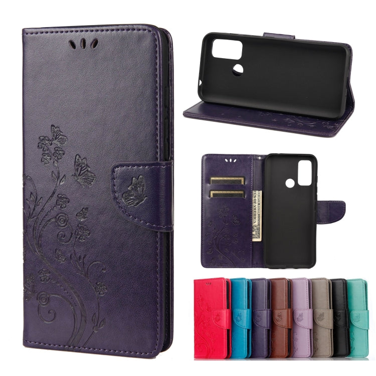 Light purple leather phone wallet case with embossed butterfly flower pattern, card slots