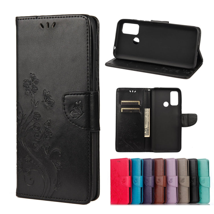 Black leather phone wallet case with embossed butterfly flower pattern, card slots