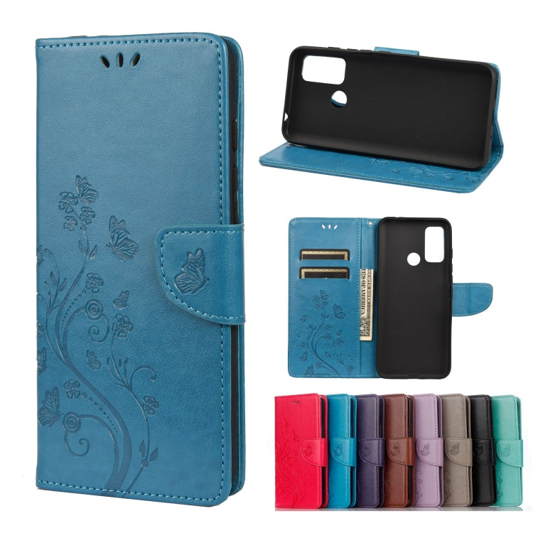 Blue leather phone wallet case with embossed butterfly flower pattern, card slots