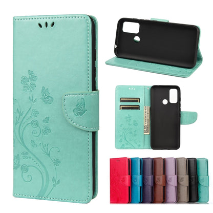 Mint green leather phone wallet case with embossed butterfly flower pattern, card slots