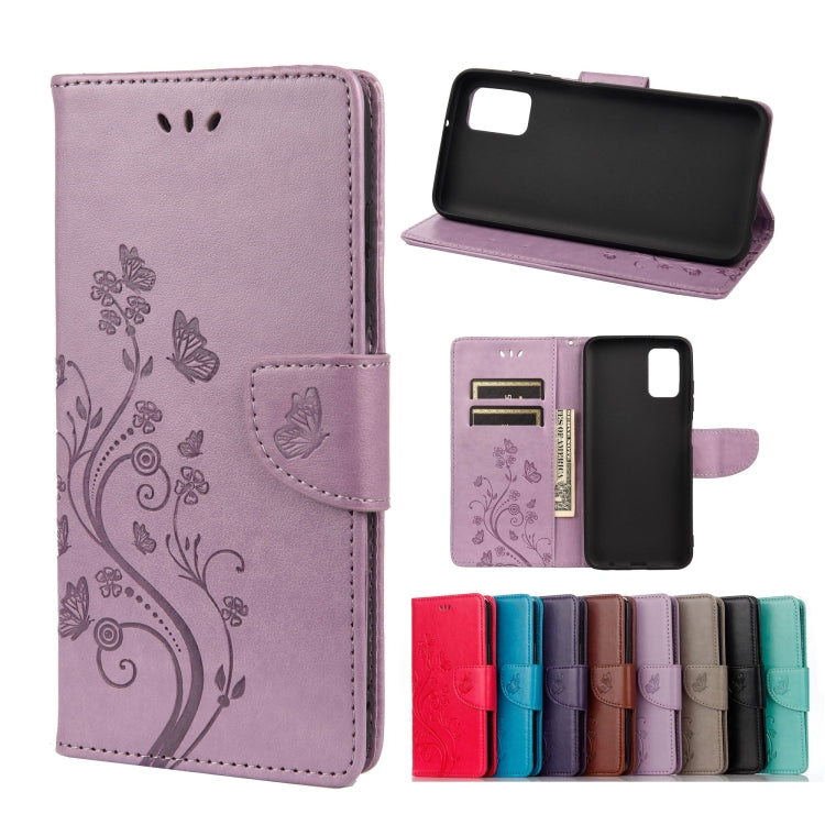 Lavender leather phone wallet case with embossed butterfly flower pattern, card slots