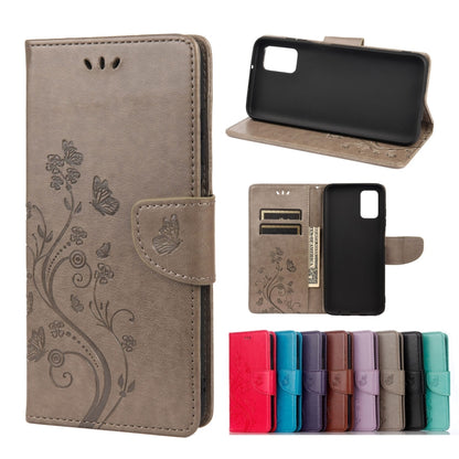 Taupe leather phone wallet case with embossed butterfly flower pattern, card slots