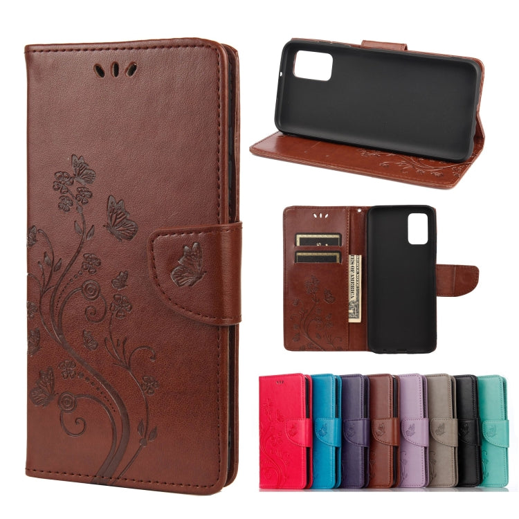 Brown leather phone wallet case with embossed butterfly flower pattern, card slots