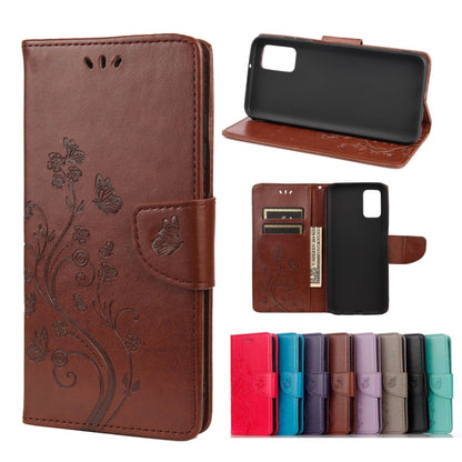 Brown leather phone wallet case with embossed butterfly flower pattern, card slots
