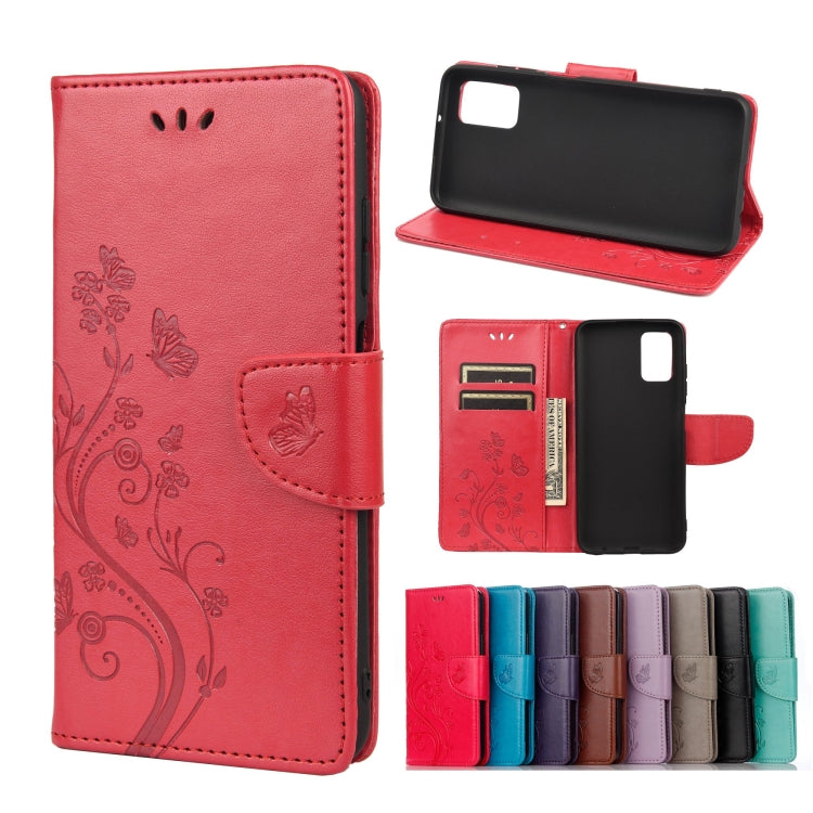 Red leather phone wallet case with embossed butterfly flower pattern, card slots
