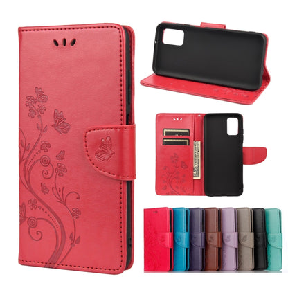 Red leather phone wallet case with embossed butterfly flower pattern, card slots