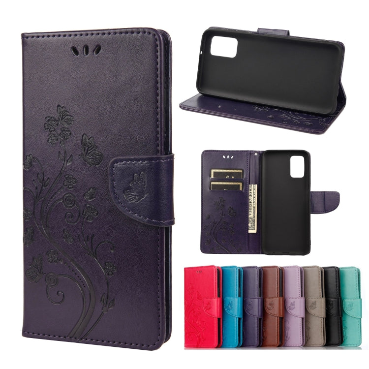 Deep purple leather phone wallet case with embossed butterfly flower pattern, card slots