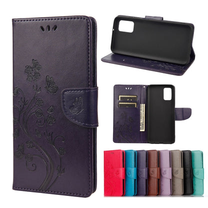 Deep purple leather phone wallet case with embossed butterfly flower pattern, card slots