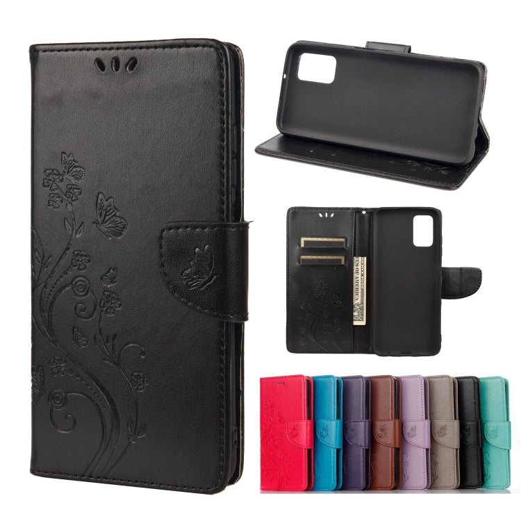 Dark gray leather phone wallet case with embossed butterfly flower pattern, card slots