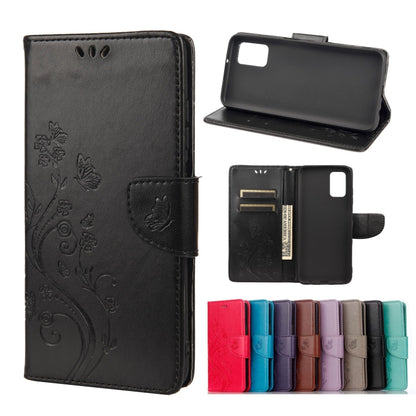 Dark gray leather phone wallet case with embossed butterfly flower pattern, card slots