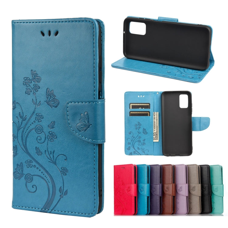 Blue flip leather phone case with butterfly-floral pattern, card slots and kickstand